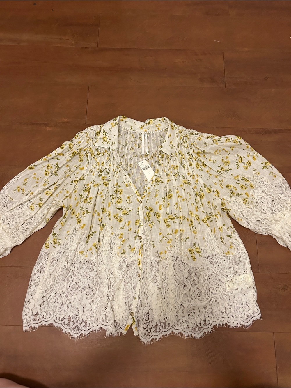 Anthropologie White Blouse with Yellow Floral Print and Lace Trim
